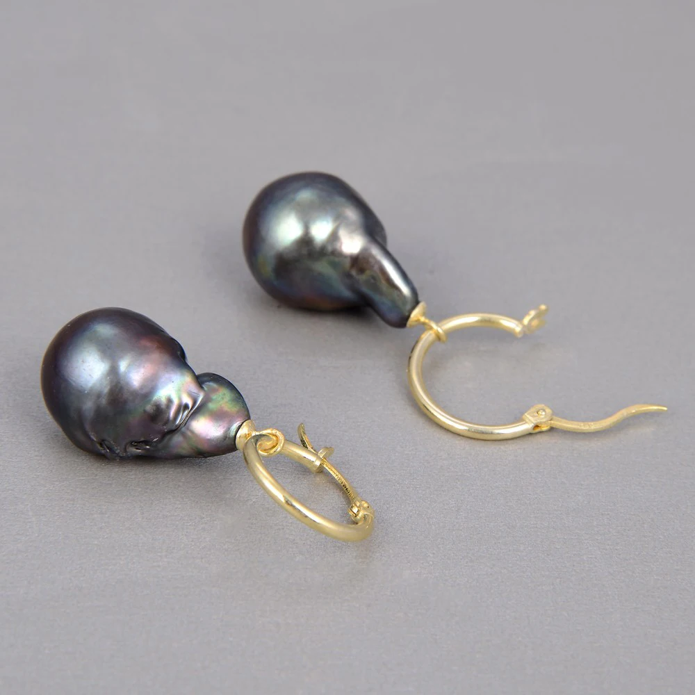 

18MM Natural Black Keshi Baroque Freshwater Pearl Earrings Gold Color Plated hook For Women