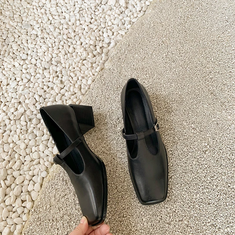 

Genuine Leather Pumps Thick Heels Square Toe Simple Ladies Shoes Summer Buckle Simple Party Wedding High Heels Shoes Women