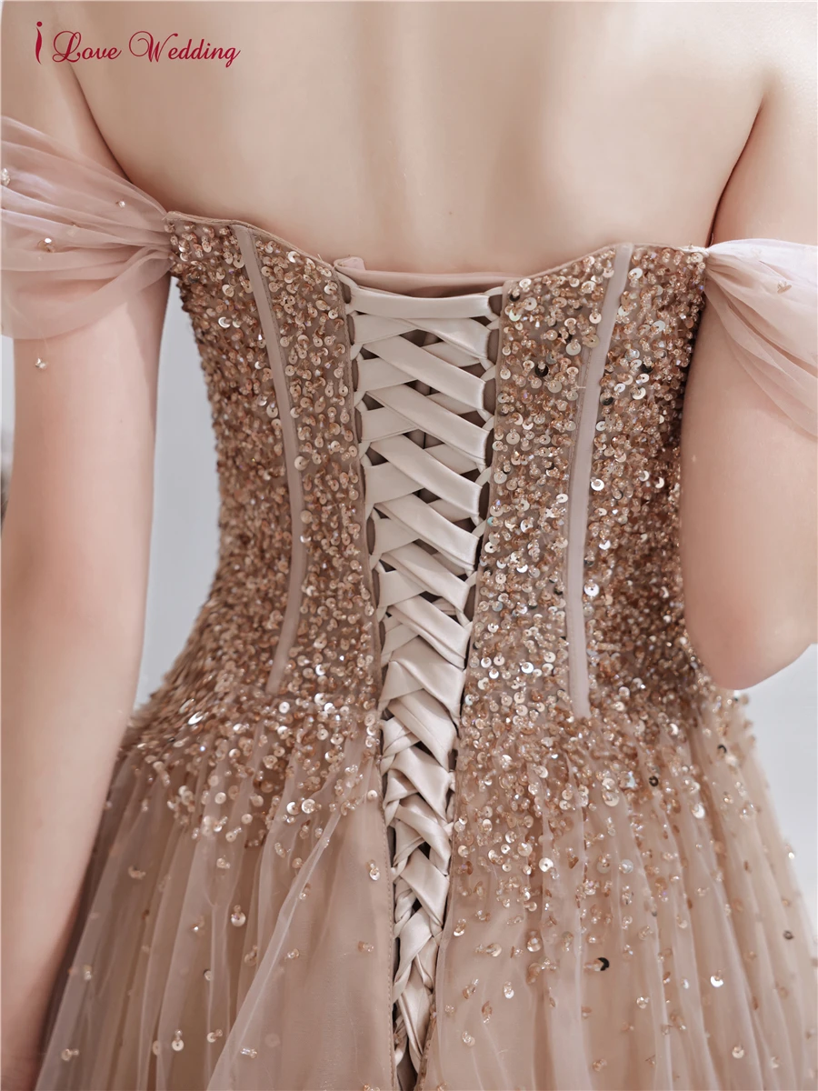 

Beading Sequin Evening Dress for Women Illusion Off the Shoulder Plunge Tulle Girls Banquet Gown Princess Celebrity Skirt 2021