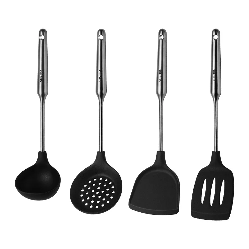black silicone cooking appliances with stainless steel handle kitchen tools accessories soup spoon spatula nonstick cookware set free global shipping