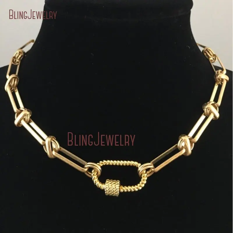 NM33905 Twisted Carabiner Necklace Gold Brass Cable Chain Rectangular Round Links Oval Shaped Screw Clasp Rope Design