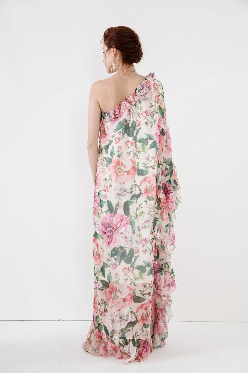 Женское модельное платье макси дизайнерское длинное на одно плечо с цветочным