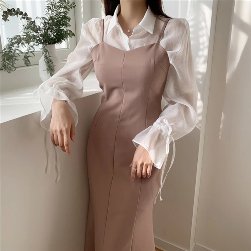 

New 2021 Women's Spring Summer Strap Dresses High Waist Korean Sleeveless Sundress Vintage Lady Long Dresses