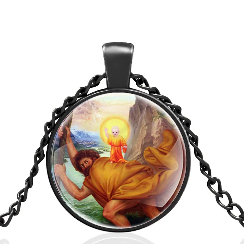 

St. Christopher Crosses The River With Jesus Glass Dome Black Pendant Necklace Men Women Jewelry Accessories Best Gifts
