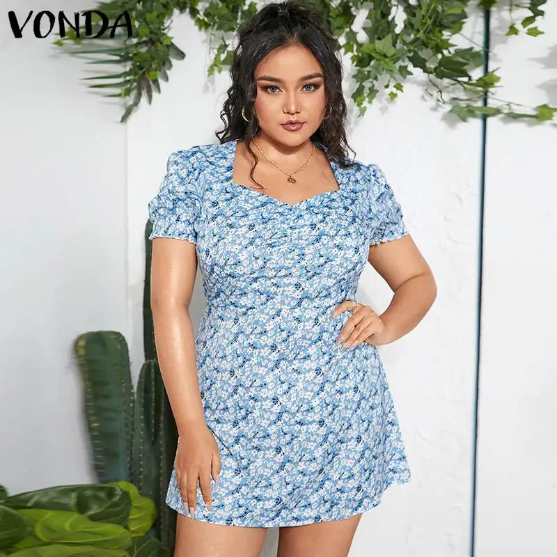 

2021 VONDA Women Puff Sleeve Square Neck Mini Dress Party Sundress Robe Vestidos Bohemian Beach Sundress Plus Size Sundress