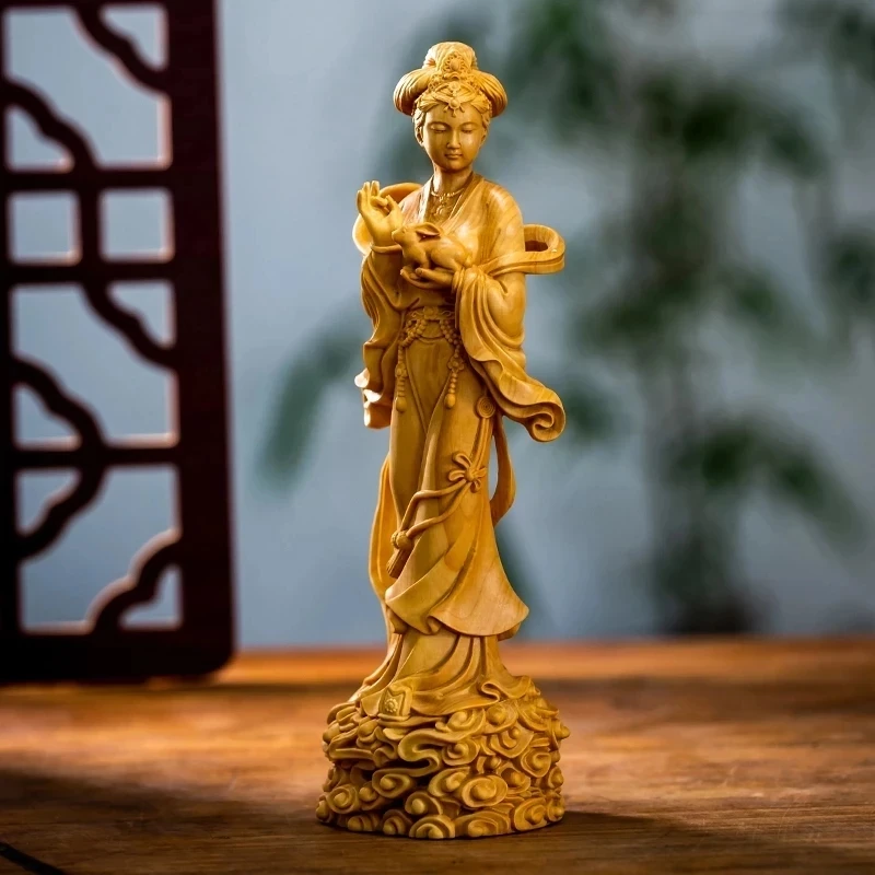 

Boxwood 18cm Chang'e Sculpture Beauty Figure Wood Carving Chinese Mythology Change Goddess of Moon Fairy Statue Home Decor