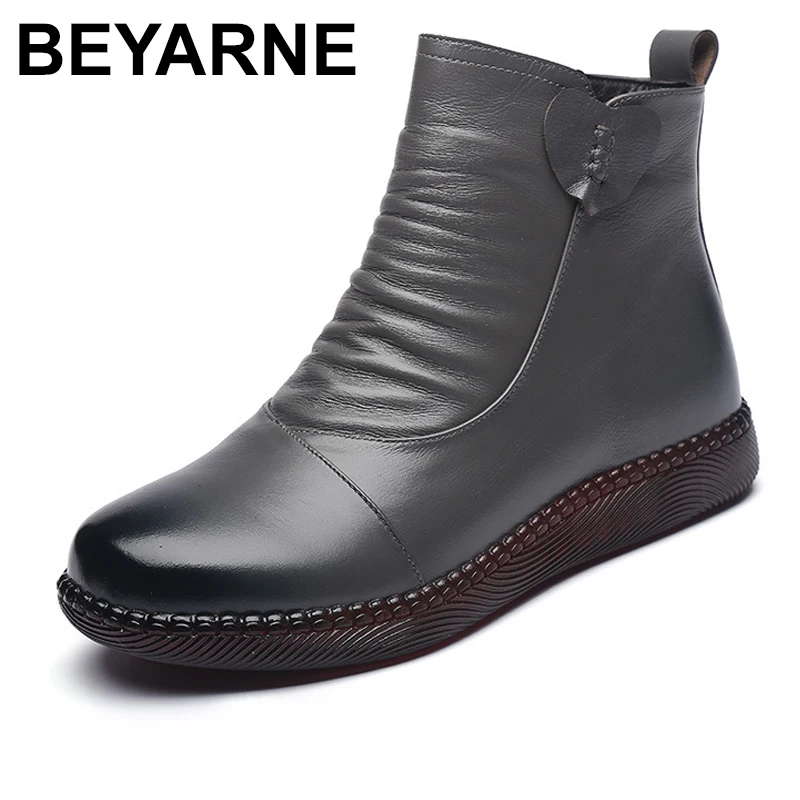 BEYARNE-zapatos de cuero para mujer, botas planas a la moda, antideslizantes, cálidos, con suela gruesa, para otoño e invierno, 2020