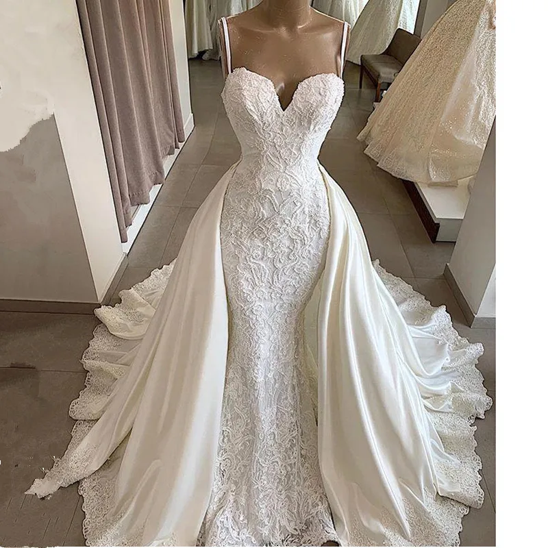 Роскошное свадебное платье 2 в 1 с кружевными бусинами и юбкой-годе 2020 сексуальные