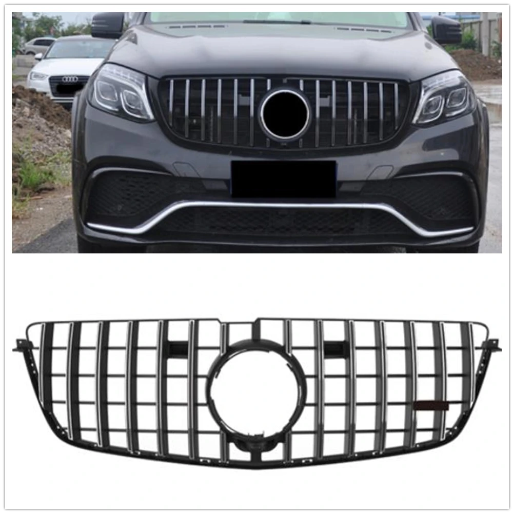 

Front Grille Grill For Mercedes-Benz GL X166 2013-2015 Sport W/ Camera GT Style Silver Upper Bumper Hood Mesh Car Center Grid