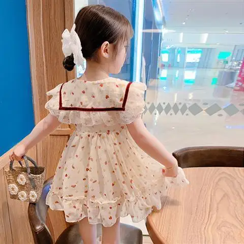 

Children's Clothing 2021 Summer New Girls Fashion Peach Heart Lace Collar Dress Children Korean Style Chiffon Skirt Princess Dre