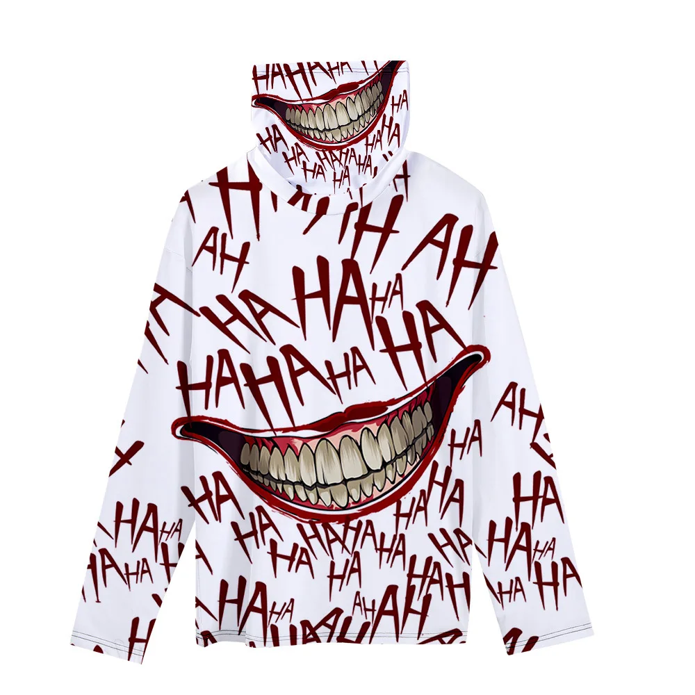 

Joker Funny 3D Hoodie Halloween Crazy Smile Pullover Long Sleeve Sweatshirt Fashion Unisex Streetwear Hoodies with Headscarf Set