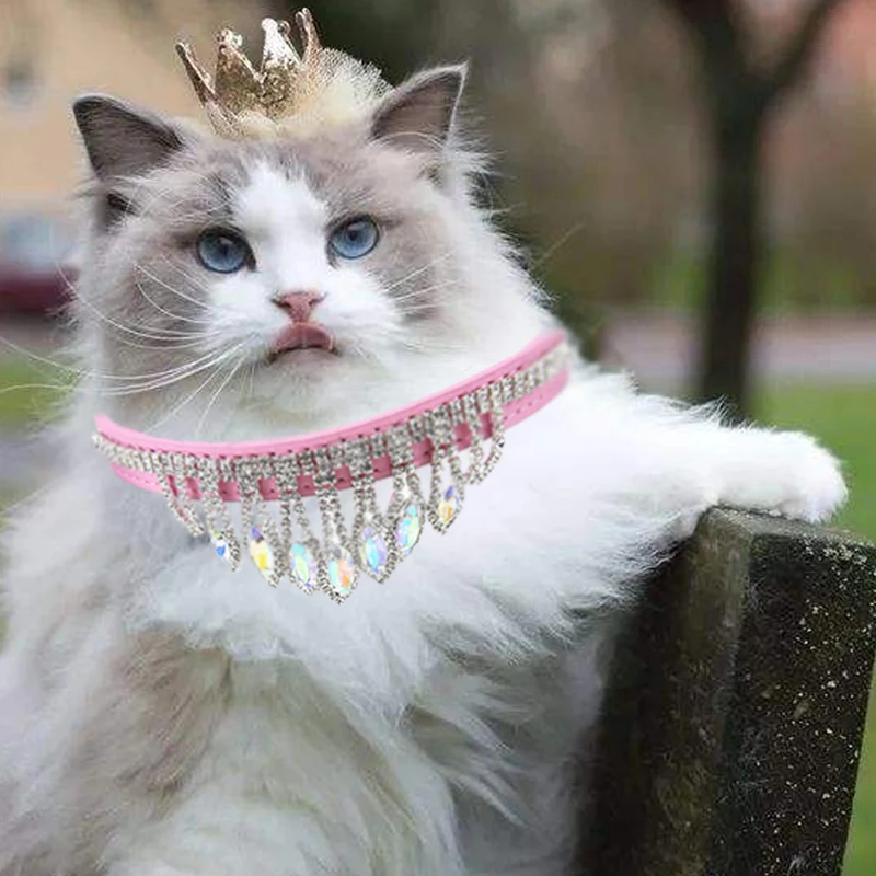 Фото SUPREPET кисточкой алмаз кошка ожерелье искусственная кожа регулируемый ошейник для котенка Ретро драгоценный камень ошейники для питомцев ак... №2