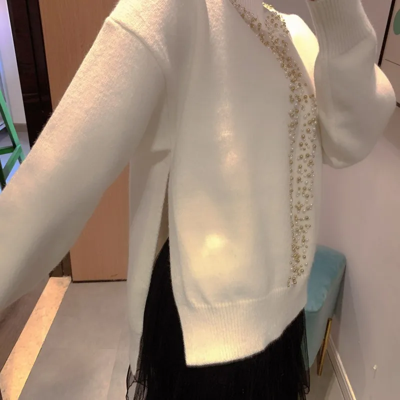 

Women White Knitting Pullovers Tops O-Neck High Waist Split Loose Fit Asymmetrical Beading Sweater Autumn Long Sleeve Sweaters