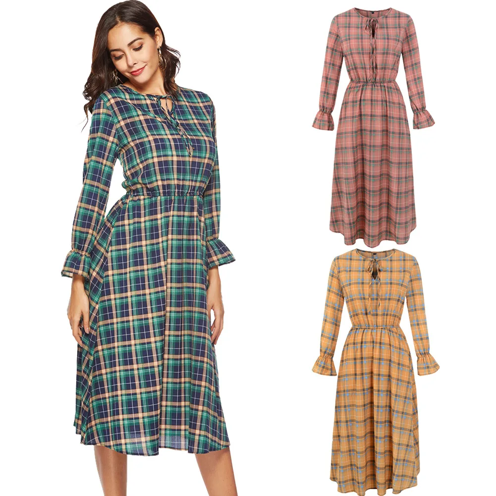 

TRODEAM Summer New Chiffon Plaid Print Knee Length Dress Women Streetwear V Neck Long Flare Sleeve Causal Party Dress Vestidos