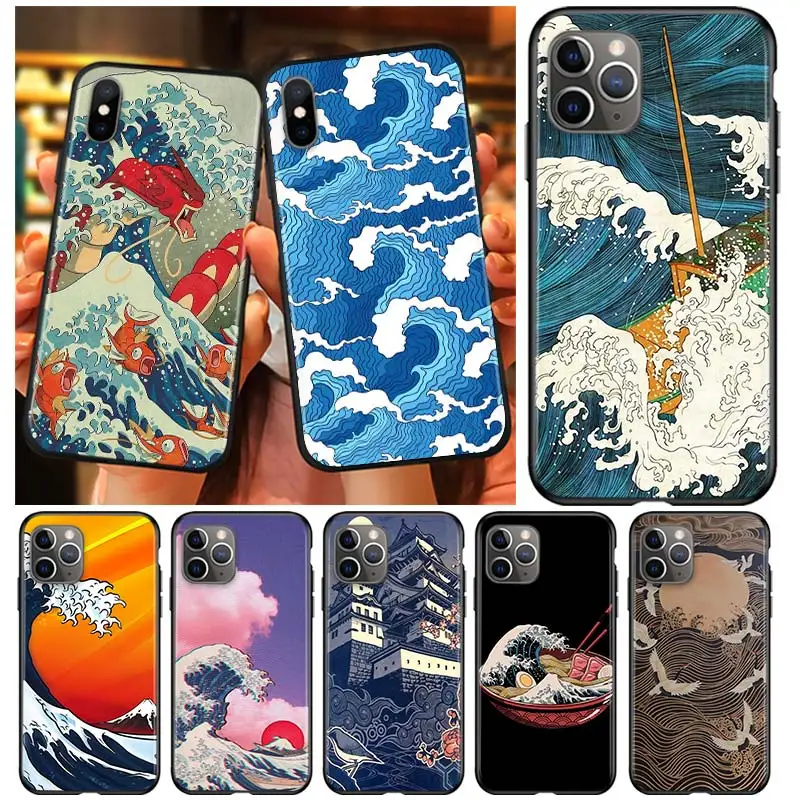 

Japanese Wave Art Black Soft Cover For Apple iPhone 13 12 11 SE XS XR X 7 8 6 5 S mini Plus Pro MAX 2020 Phone Case