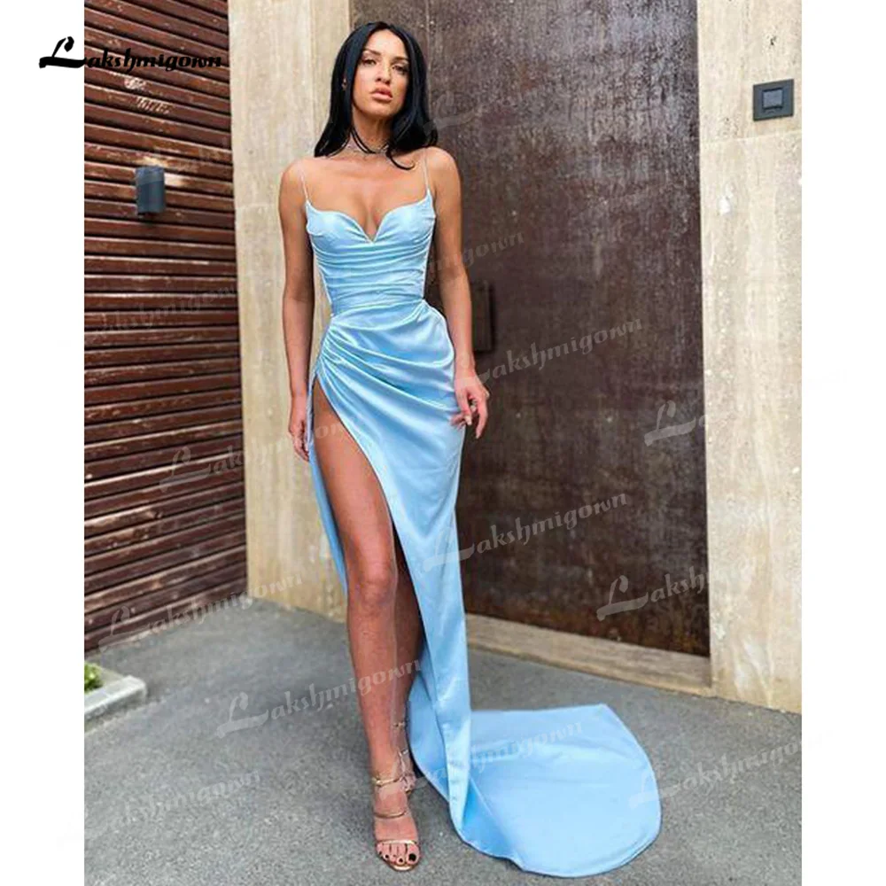 

Blue Wedding Dresses Sexy Mermaid Sweetheart Neck Spaghetti Straps Sleeveless Corset Side Split Sweep/Brush Train Bride Gowns