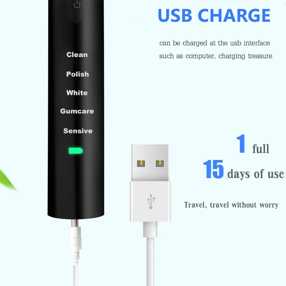 Мощный ультразвуковой электрическая зубная щетка USB Зарядка перезаряжаемые