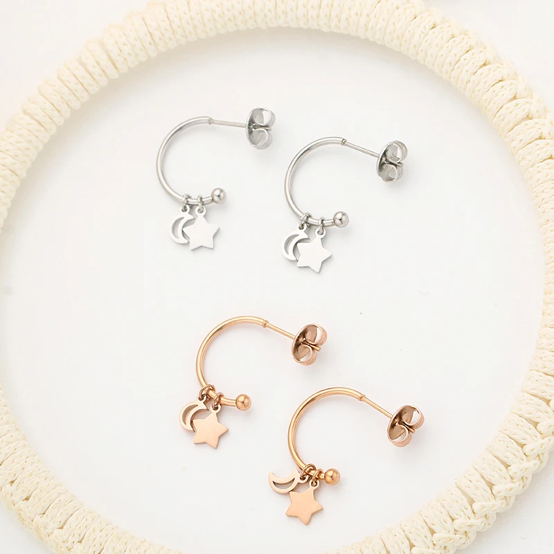 

Stars And Moon Design Sense Original Asymmetric Ring Round Beads Retro Handmade Earrings Female U-Shaped Nails