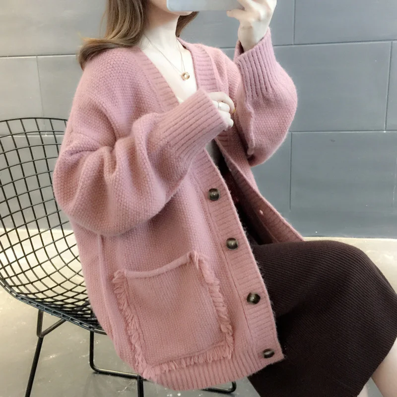 

Women Cardigan Knitted Sweater 2021 Autumn Femme Long Sleeve Loose Pull Jacket Female Tops 6 Colors Soft Knittwear Coat W180