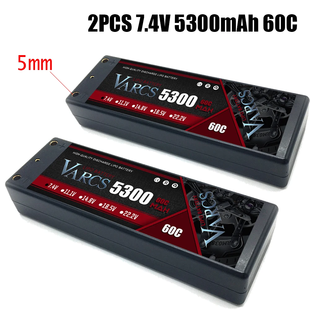 

2PCS VARCS Lipo Battery 2S 7.4V 5300mAh 60C/120C 5MM HardCase for RC 1/8 /10 Car Off-Road Buggy Truck Boats Salash Parts