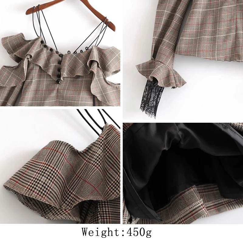 

HStar 2020 new spring women plaid shirts button vintage flounced shoulder straps short shirts fashion sexy shirt tops