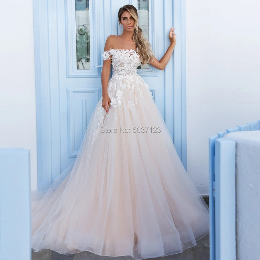 

Light Champagne A Line Wedding Dresses Lace Applique Sweep Train Sleeveless Vestido De Noiva Off the Shoulder Button Bridal Gown
