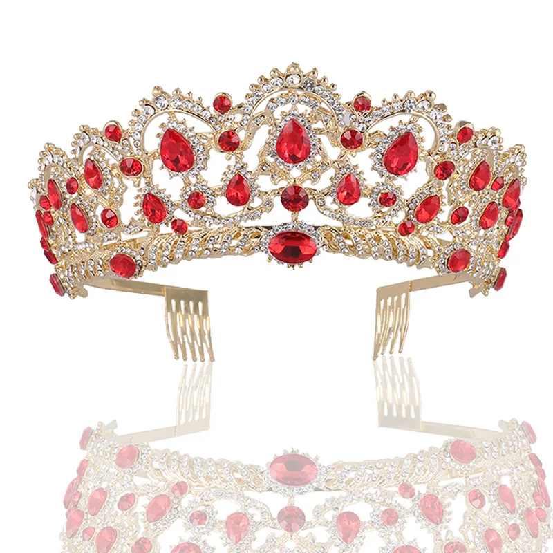 Gold Red Comb Роскошная свадебная тиара, большие стразы, кристалл, Королевская корона, свадебные аксессуары для волос, диадема, головная повязка, пышные украшения для волос, головной убор - Окраска металла: Gold Red Comb