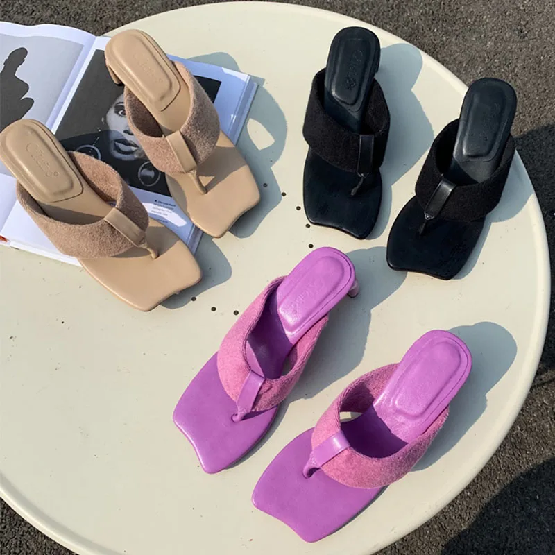 

Summer Woman Slipper 2021 Thin High Heel Beach Slides Shoes Ladies Outdoor Casual Sandal Ladies Square Toe Flip Flop Shoes