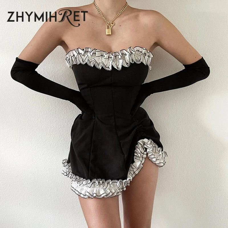 ZHYMIHRET Elegant Ruffles Strapless Ruched Dress Women Vintage Black Removable Sleeves Backless Tube Mini Dress 2021 Summer