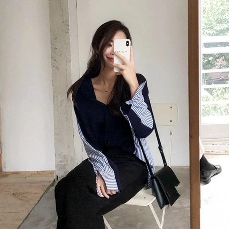 

New 2020 Autumn Women's Sweaters Patchwork Srtiped Knitting V-Neck Stylish Knitted Button Cardigans Loose Tops SW8161