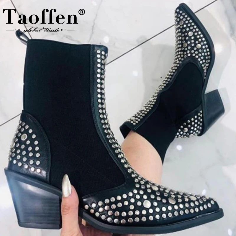 Taoffen/Новинка Женские ботильоны с заклепками полусапожки на толстом каблуке