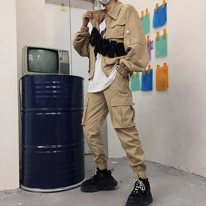 kahki pant NiceMix/комплект из двух предметов, Женская куртка и брюки-карго, комплект из 2 предметов, куртка-бомбер, пальто, джоггеры, женский костюм, комплекты, комплекты, спортивный костюм, стиль сафари - Цвет: kahki pant