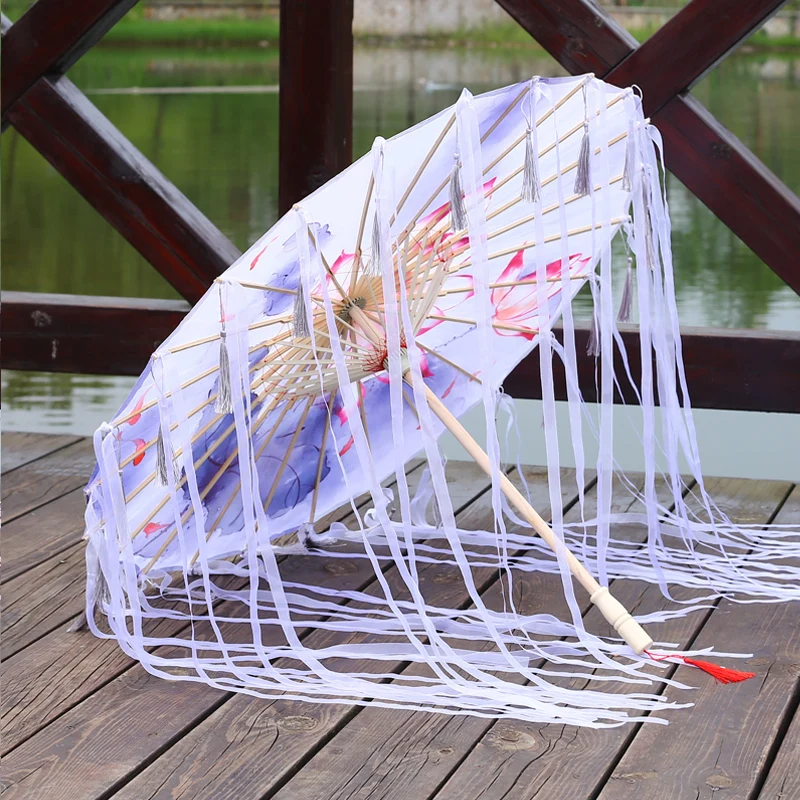 Fairy Hanfu Umbrella Ribbon Oiled Paper Tassels Woman Flower Photography props cosplay Chinese Japan | Дом и сад