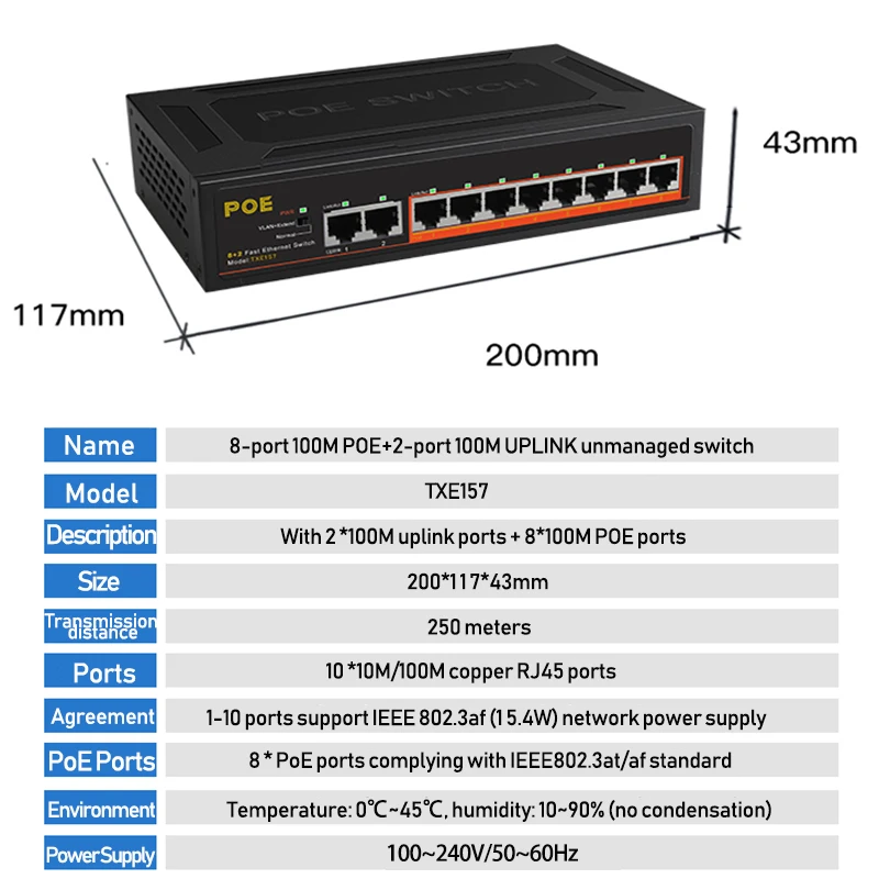 10-портовый коммутатор TEROW POE Fast Ethernet 8 + 2 коммутатора с внутренним питанием/защитой