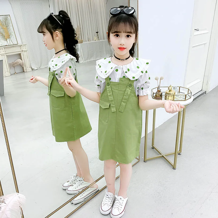 Girls Summer Clothes Dot Teenage Clothing Blouse + Jumpsuit For Butterfly Sleeve Children's Suits |