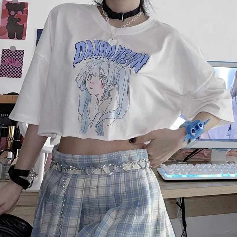 

women's t-shirt Short sleeve loose summer white high waist short t-shirt top Oversized t-shirt y2k Cartoon girl Print T-shirts