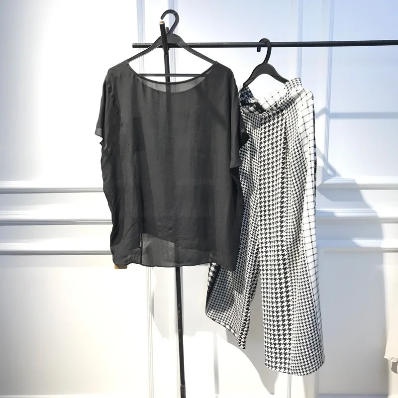 Модные комплекты для женщин шелковая футболка + клетчатые девять точек