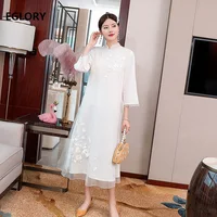 Top Quaity Brand Chinese Dress 2020 Autumn Women Luxurious Embroidery 3/4 Sleeve Mid-Calf White Wine Red Dress Clothing 50s 60s