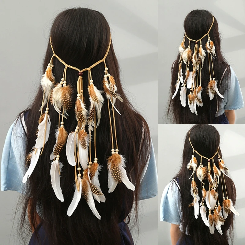 

Ethnic Bohemian Hippie Headband Feather Tassel Beads Weave Hairband Headpiece 6XDA