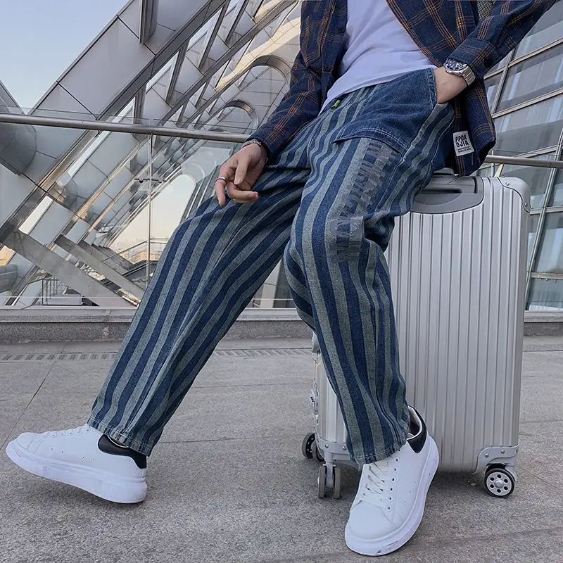 

2021 Men's Loose Striped Printing Casual Pants Baggy Homme Fashion Cargo Pocket Wash Jeans Biker Denim Trousers Plus Size M-2XL