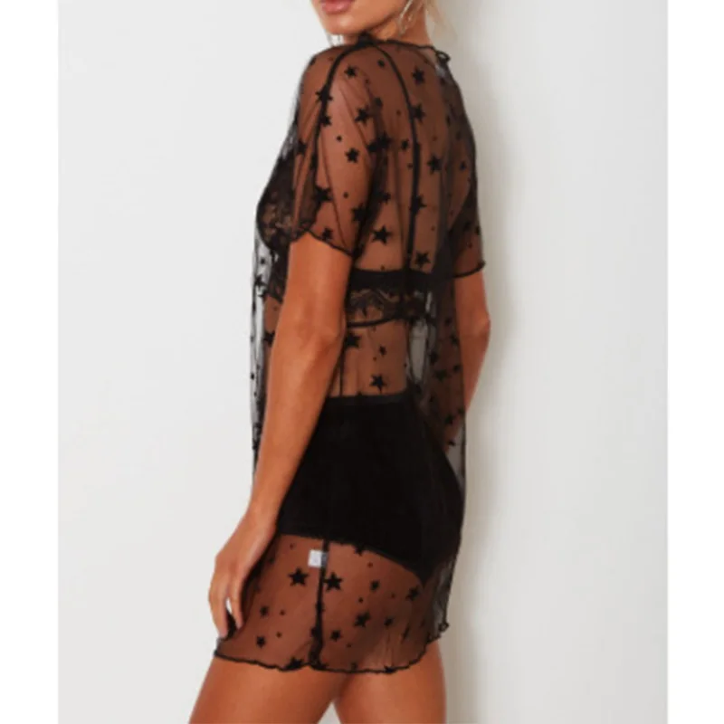 Сексуальный сетчатый топ со звездами футболка с короткими рукавами и круглым