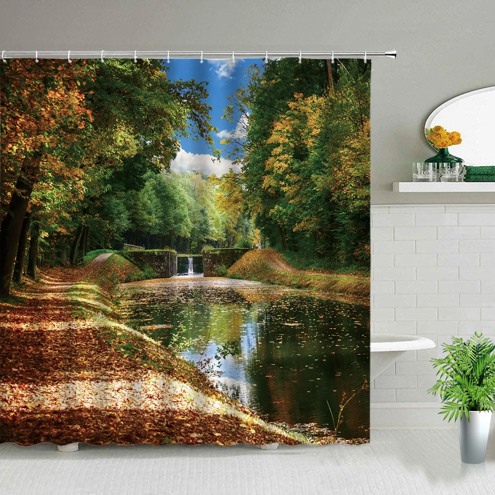 

Занавеска для душа с рисунком леса и реки, водонепроницаемая тканевая занавеска для ванной комнаты с цветочным рисунком водопада