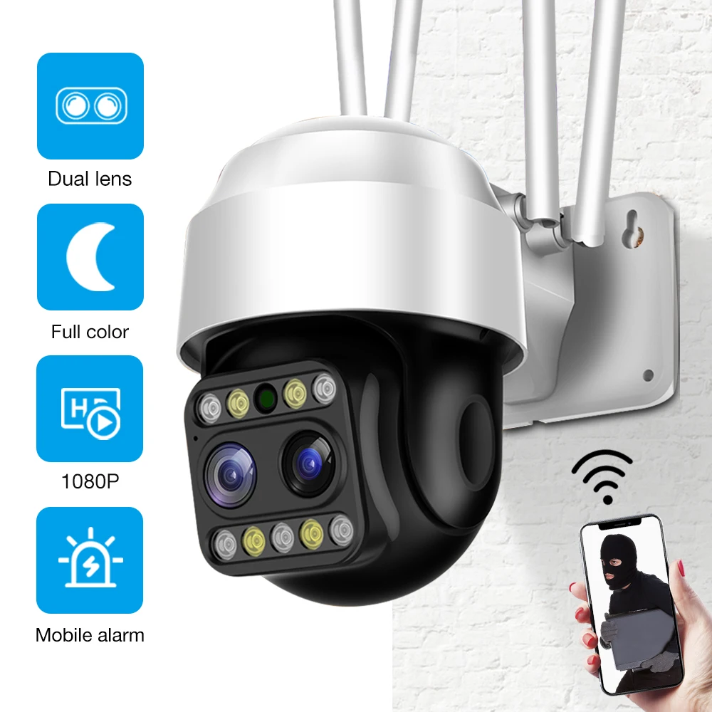 

1080P Dual Lens Outdoor Wireless Security Camera PTZ Speed Dome External Wifi Street Video Camera IP CCTV P2P Motion Alert IP66