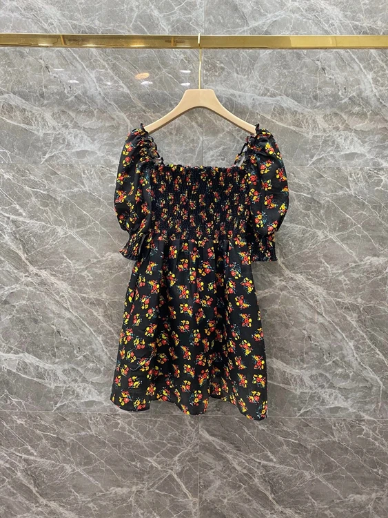 

2020 autumn and winter new women's one-shoulder printed pattern decorative bubble short-sleeved dress 1219