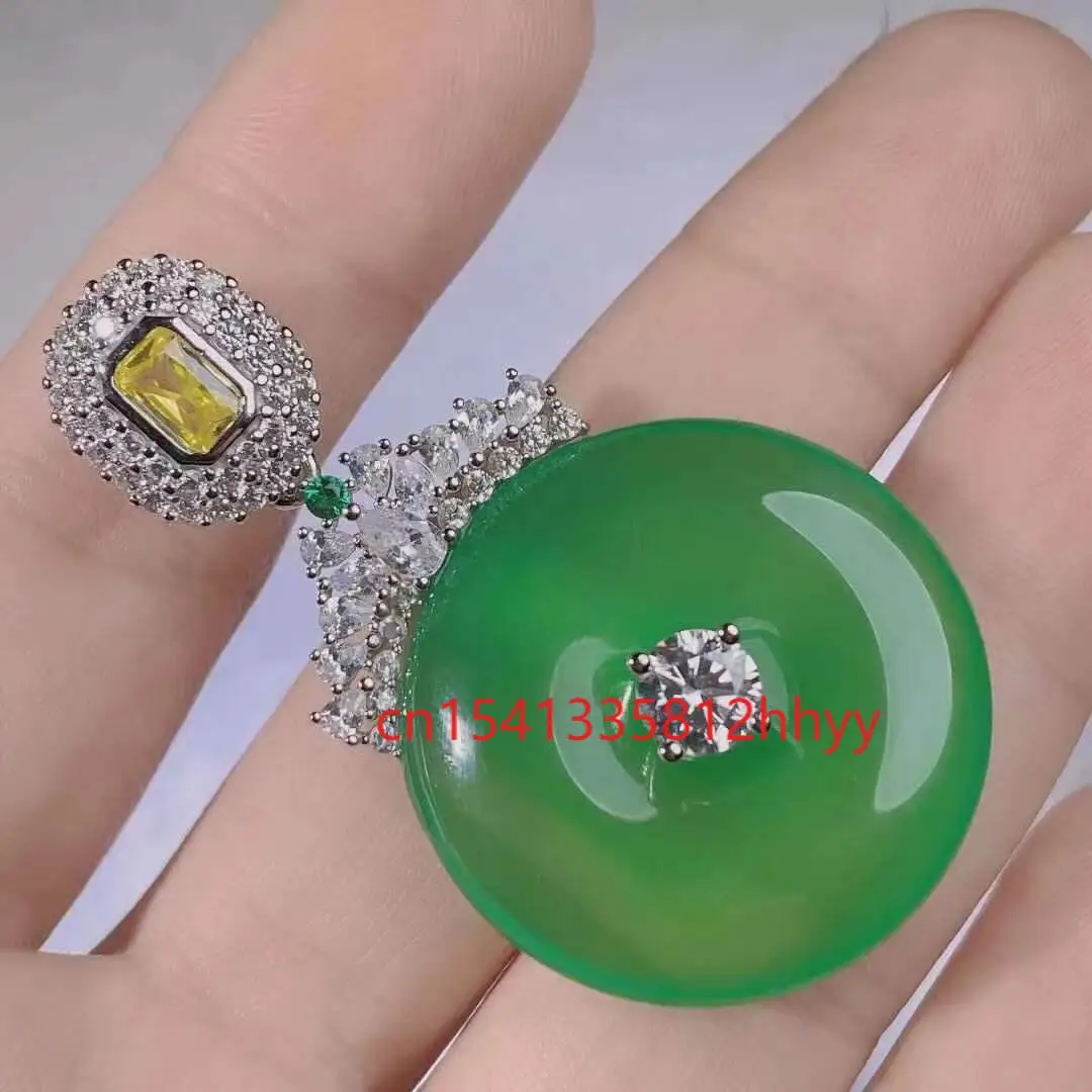 

925 silver inlaid green chalcedony flat buckle pendant Charm Jewellery Hand-Carve Necklace for Women Men Fashion Accessories