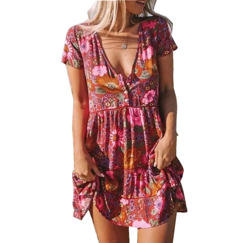 

2021 summer new women's printed V-neck short-sleeved dress