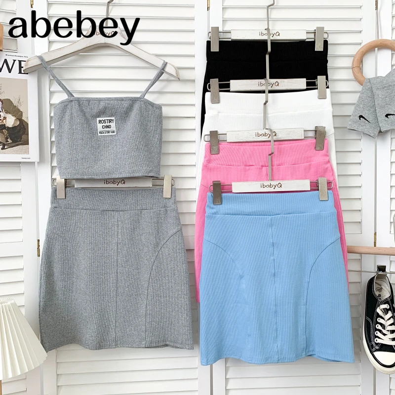 

Fashion sleeveless off shoulder short suspender Vest Top + high waist Casual Short A-line Skirt two piece set 2021 New Summer