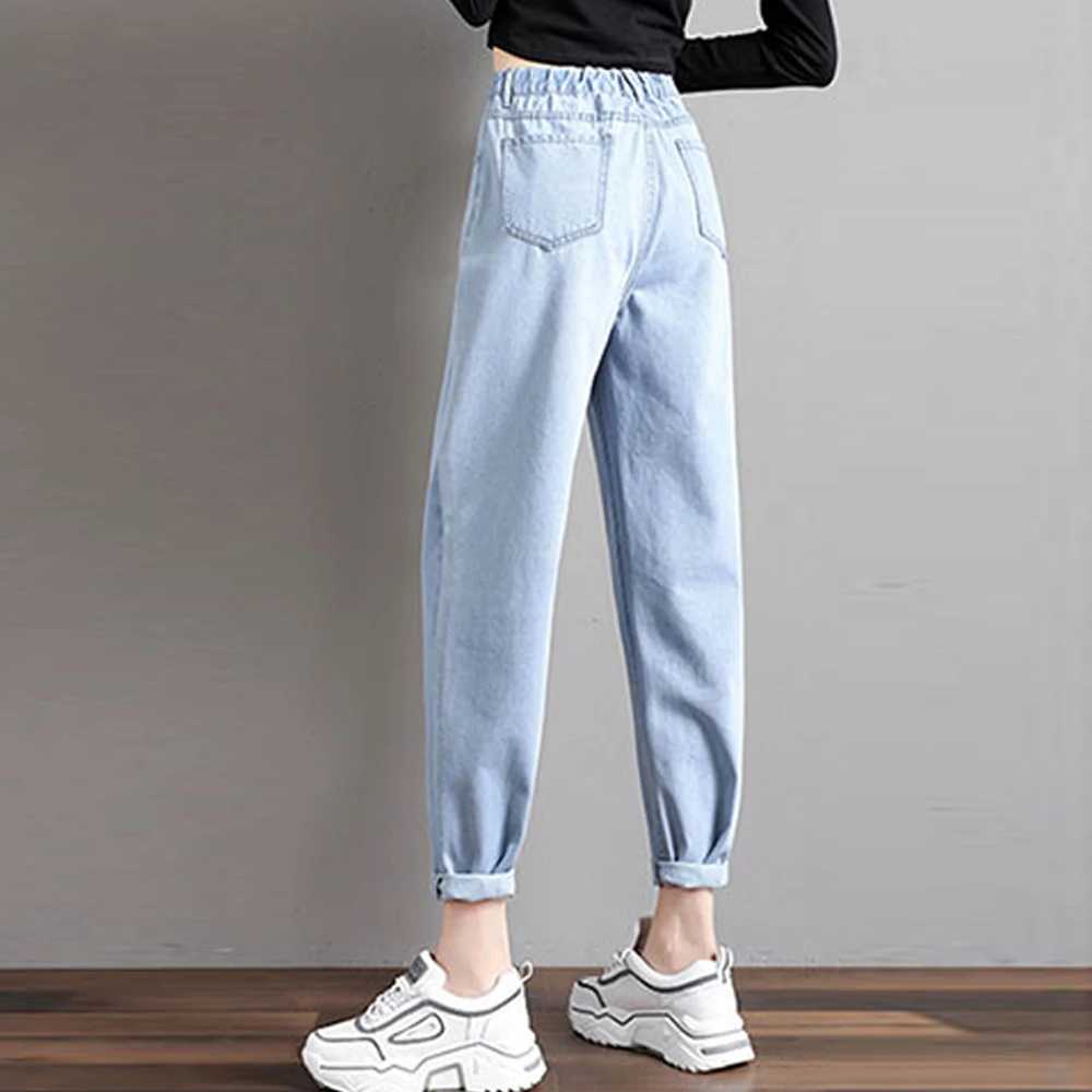 Women Jeans Elastic Waist Denim Pants Straight Trousers Ladies Casual Streetwear Mom Spring Autumn Ankle Length | Женская одежда
