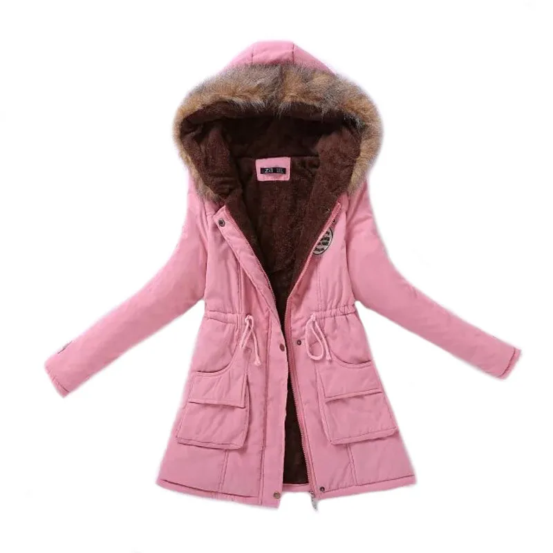 Pink Женская парка Модные осенние зимние теплые куртки Женский меховой воротник пальто длинные парки толстовки офисные женские хлопковые большие размеры - Цвет: Pink