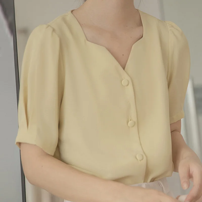 Блузка женская шифоновая с V-образным вырезом модная однотонная Базовая рубашка